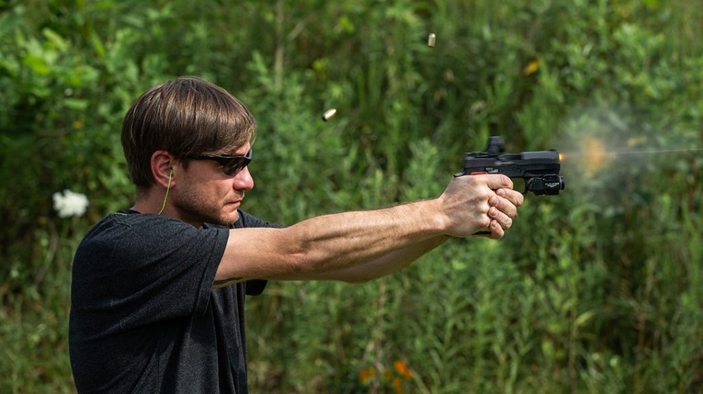 The metal grip frame helped dampen the recoil impulse for a very soft-shooting pistol.