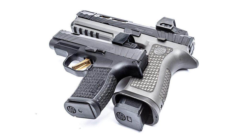 Both Sig pistols feature laser stippled grip modules, Titanium Nitride (TiN) gold-colored barrels/triggers, and custom-designed milled slides.