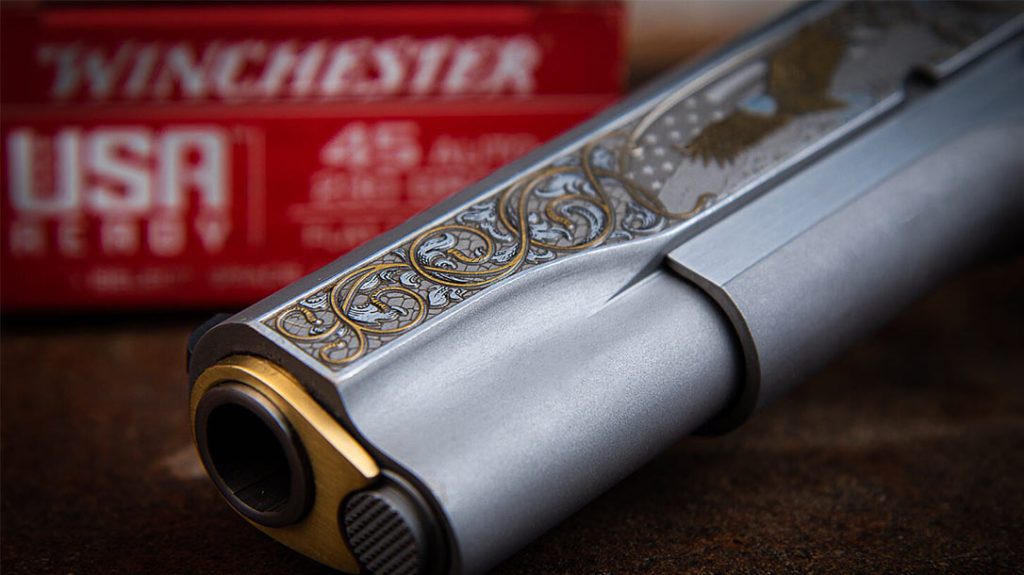 The barrel bushing of this Colt 1911 features 24k gold plating.