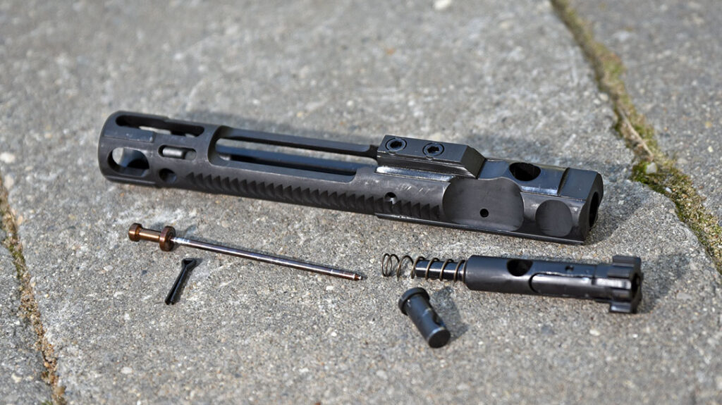 The CMMG Banshee Mk4 PDW pistol in 5.7x28mm utilizes a bolt carrier group very similar to a standard AR but with a few slight modifications.