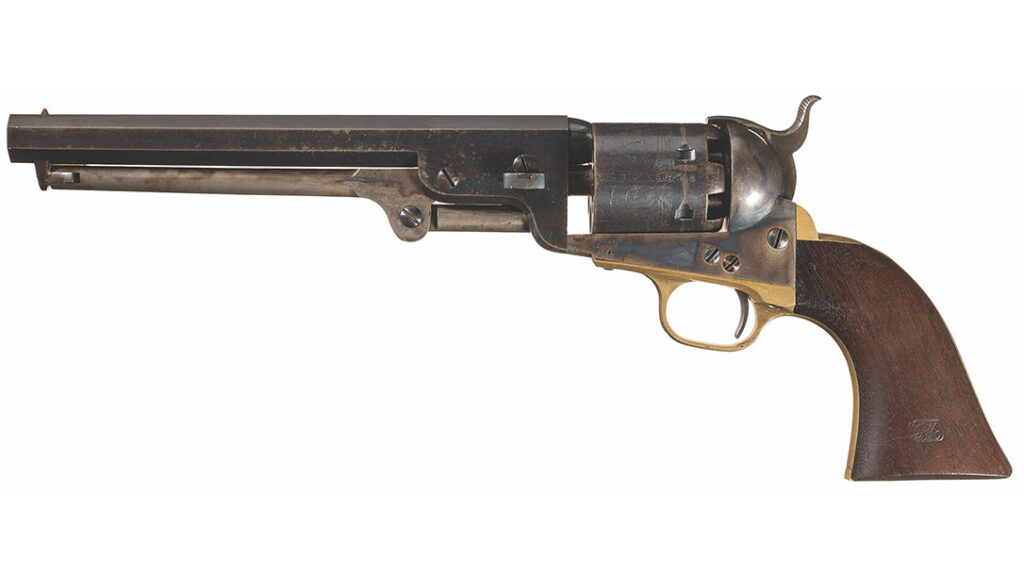 Wearing about 97% of its original finish, this circa 1856 1851 Navy Colt revolver is one of the finest U.S. contract Navies in existence!