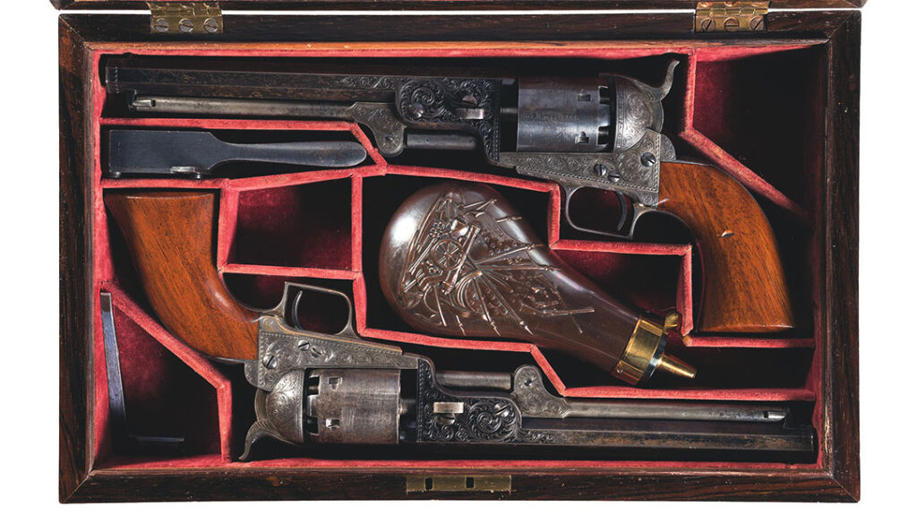 Among the most desirable collectibles in the firearms world are engraved and cased Navy Colt revolvers. Such as this lovely brace of caplock '51s.