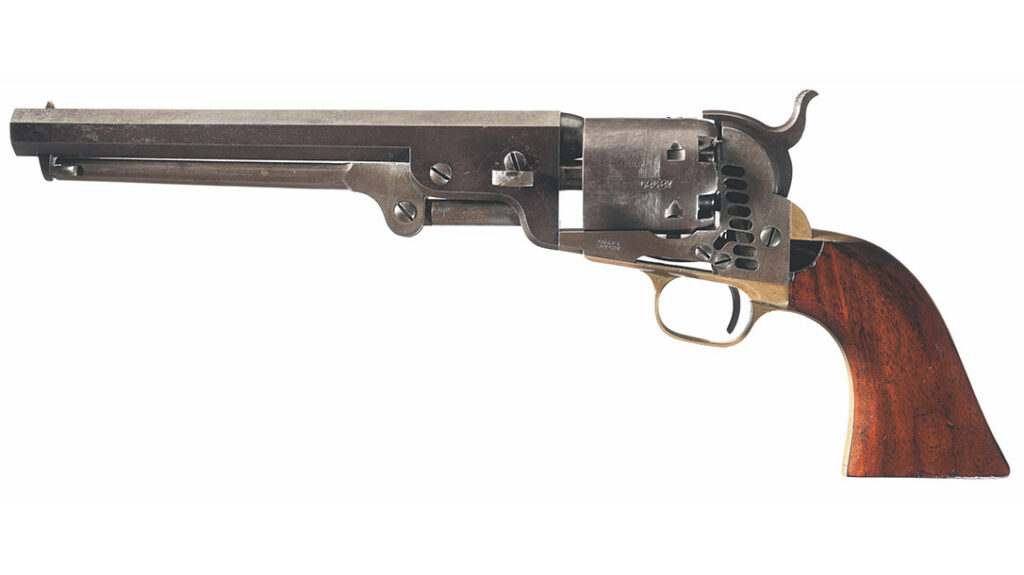 This factory cutaway 1851 Navy Colt reveals portions of the inner workings of the revolver.