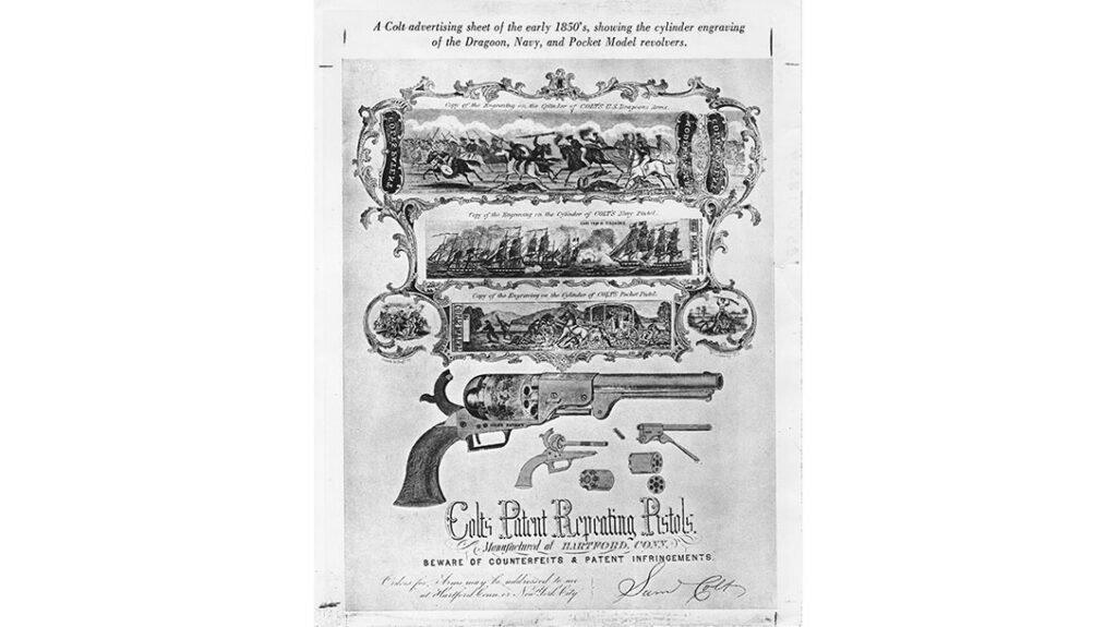 Colt shrewdly embellished his 1851 Navy model revolver with a roll-engraved battle scene between the Texas and Mexican navies. This helped promote sales in Texas.