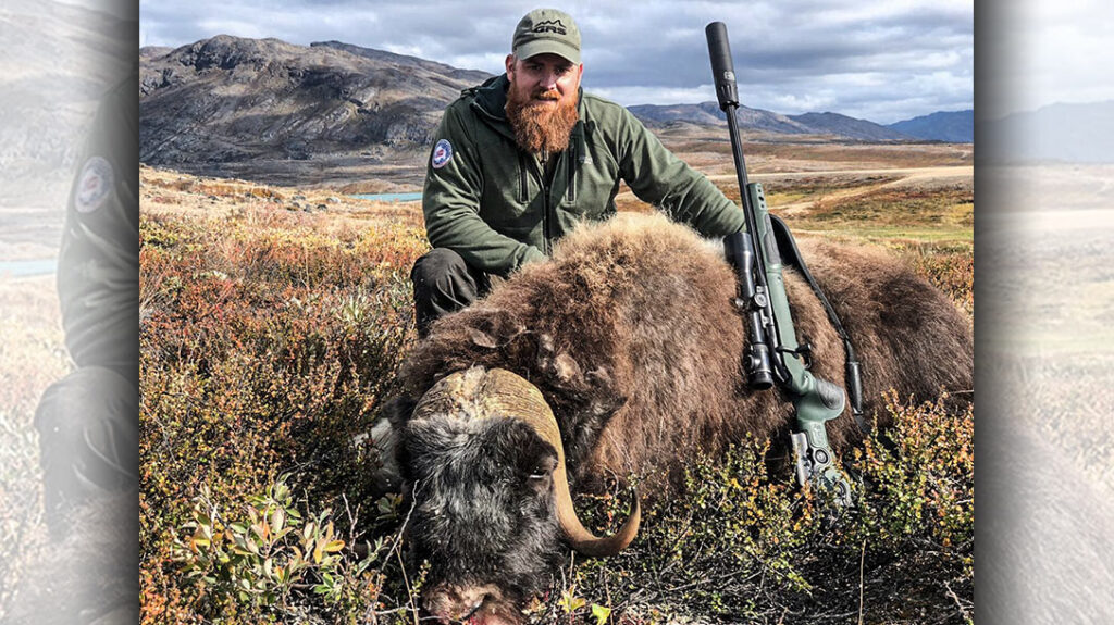 Oscar in 2019 hunting Muskox in Greenland. The rifle pictured is a Blaser R8 Professional mounted in the Bifrost composite hunting stock.