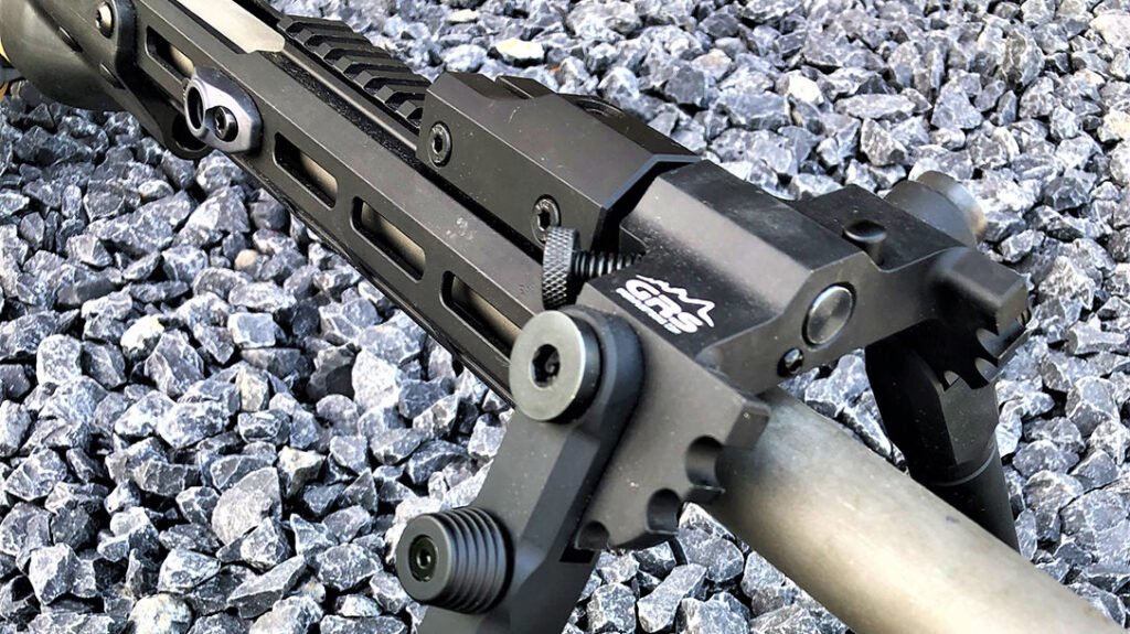 The top picatinny rail is purposely designed for their top-mount GRS Rifle Stocks bipod. Being top-mounted ensures sure footing on any terrain. An added bonus is that the rifle will tend to self-level.