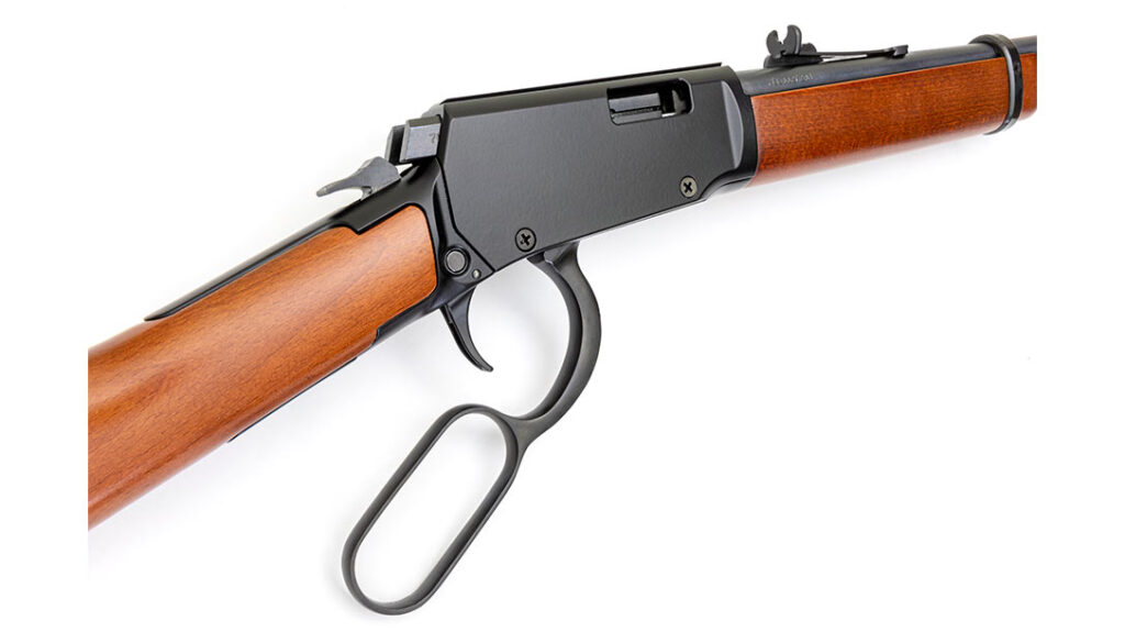 With the cross-bolt safety engaged, the trigger, hammer and lever are all locked on the Rossi Rio Bravo. Note the buckhorn step-adjustable rear sight.
