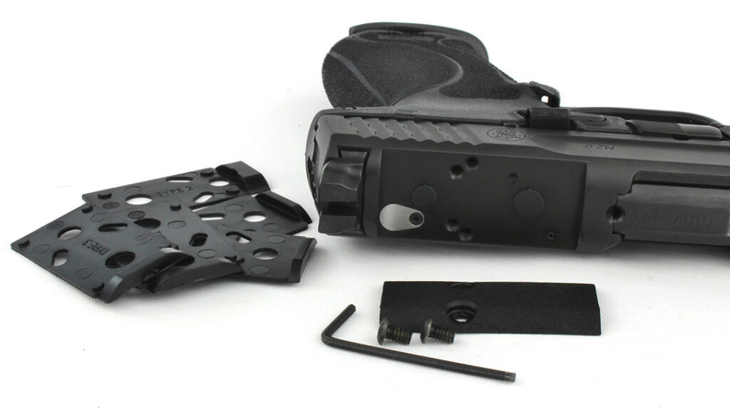 Smith’s new optics-ready 10mm pistol includes a variety of easy-to-install adapter plates.