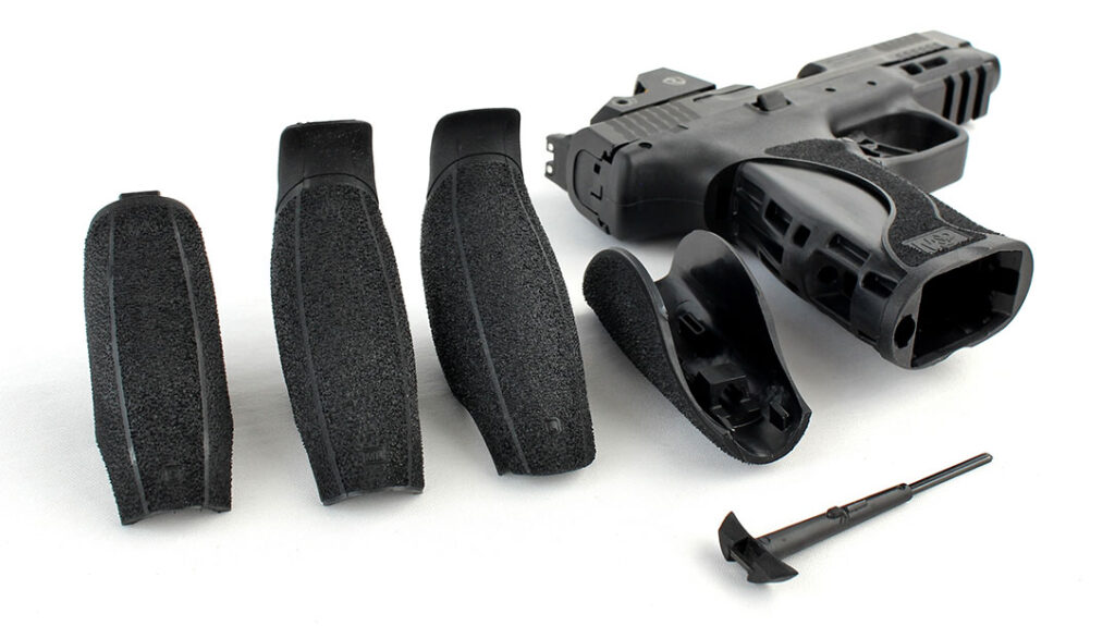 The pistol comes with a series of interchangeable backstraps for the perfect fit.
