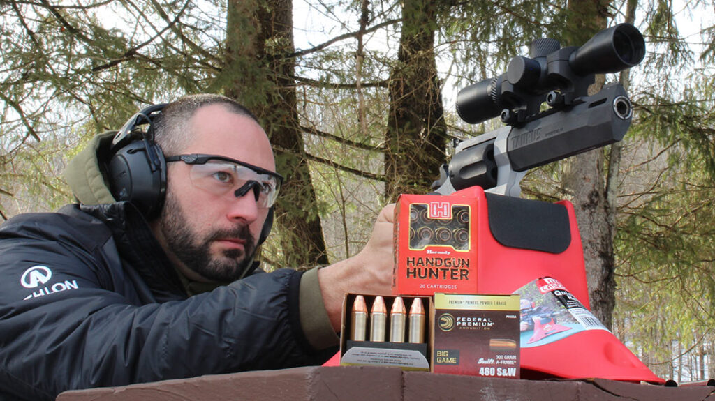 The Author shoots the Taurus Raging Hunter from the bench.
