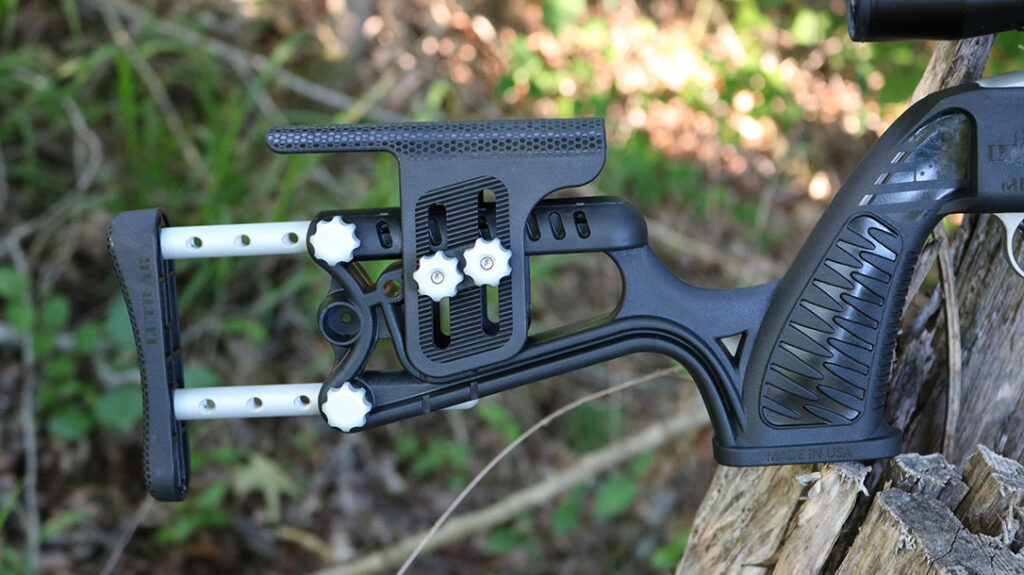 The buttstock is easily adjustable without any tools and can be done in the field.