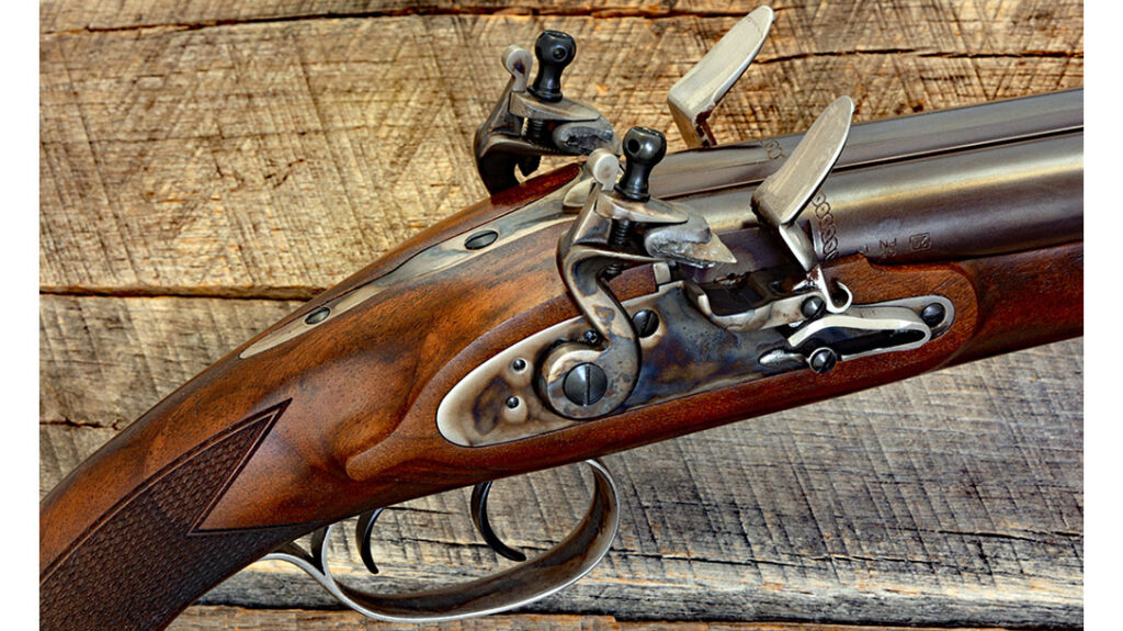 The Pedersoli Howdah Flintlock model is based on original 1790’s large-caliber double-barrel Flintlock designs.