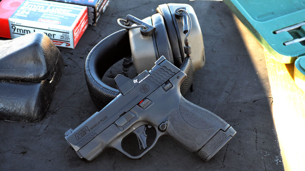The author used a Crimson Trace RAD Micro Pro with a 5-MOA green dot to test the M&P 9 Shield Plus Optics Ready pistol.