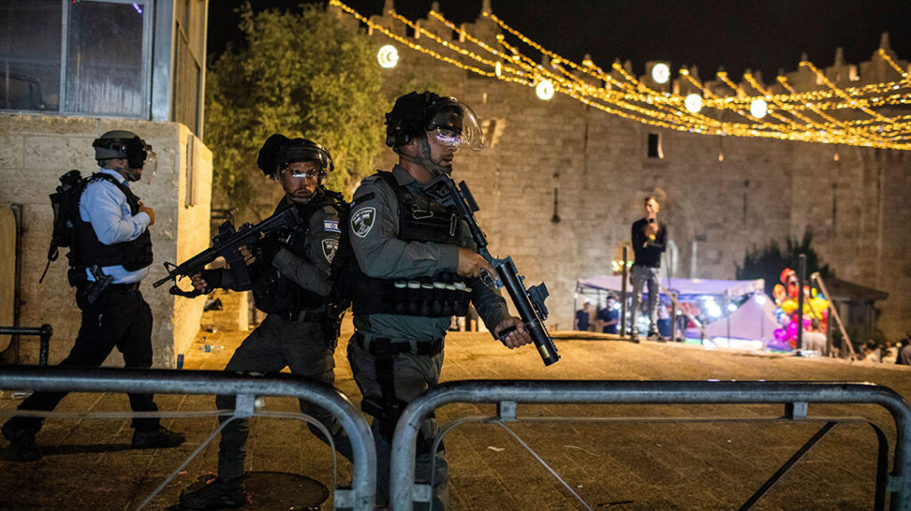 Israeli security forces deploy during clashes with Palestinians at the Damascus gate.