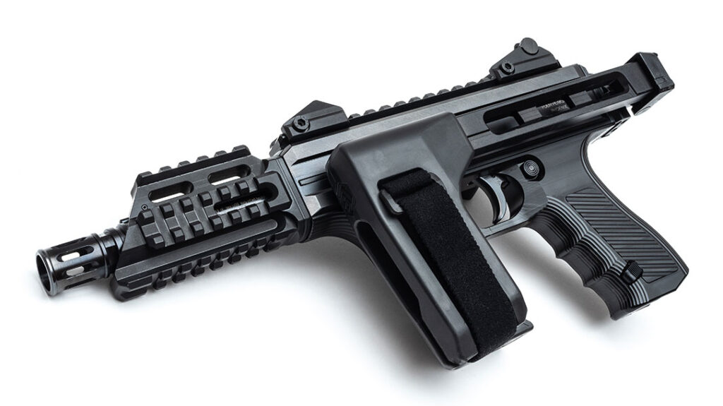 The SB Tactical FS913 pistol brace adds a bit more flexibility and allows the pistol to fire when it is folded.