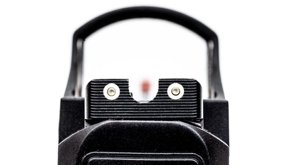 The rear sights offer twin dots to help center up the rear sight slot in a hurry.