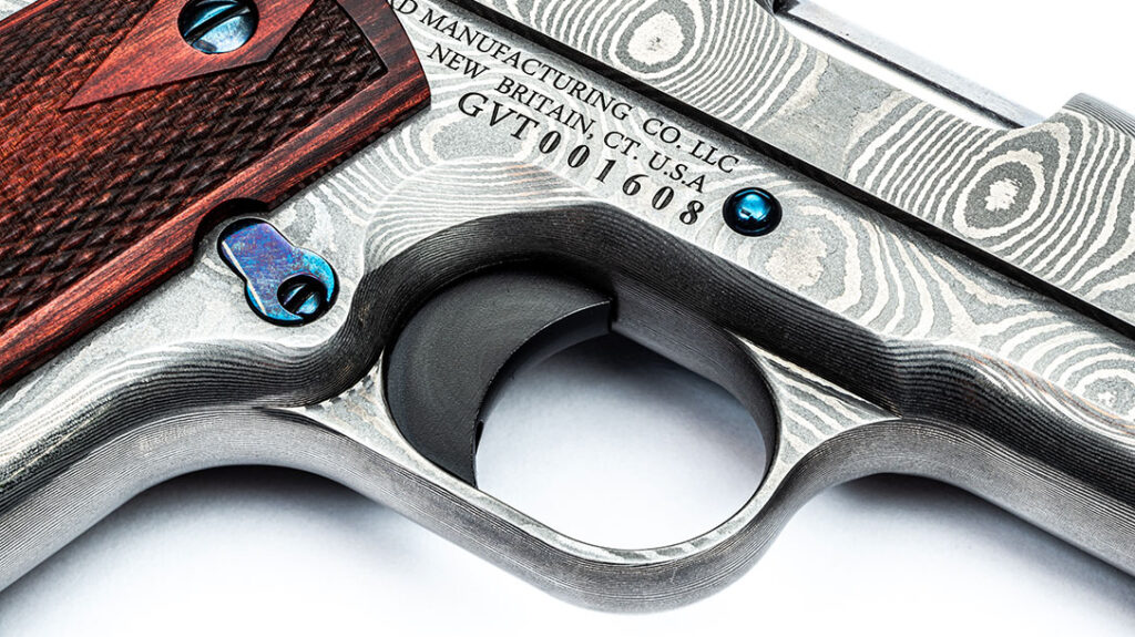 The Standard Manufacturing Damascus 1911 Model features a fully forged Damascus slide and frame.