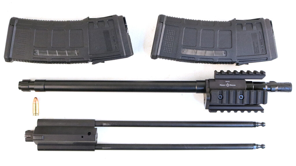 The drop-in 9mm conversion fits into any standard semiauto Steyr AUG rifle. 30-round 9mm inserts nestled inside a standard P-Mag chassis feed the beast.