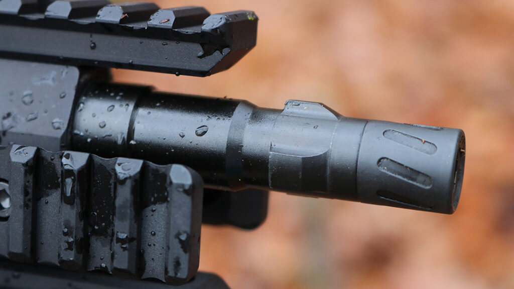 The muzzle on the 9mm conversion is threaded 1/2x28 and also incorporates an HK-style tri-lug suppressor mount.