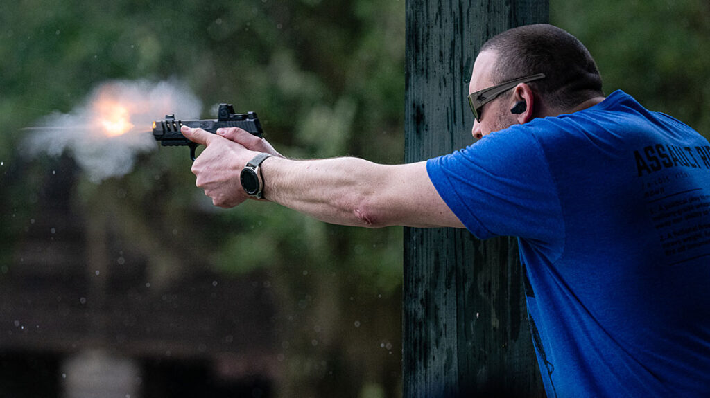 The author shooting the FN 509 CC Edge at the media event.