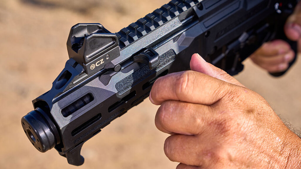 The reversible side charging handle of the CZ Scorpion 3+ Micro is reminiscent of the MP5.