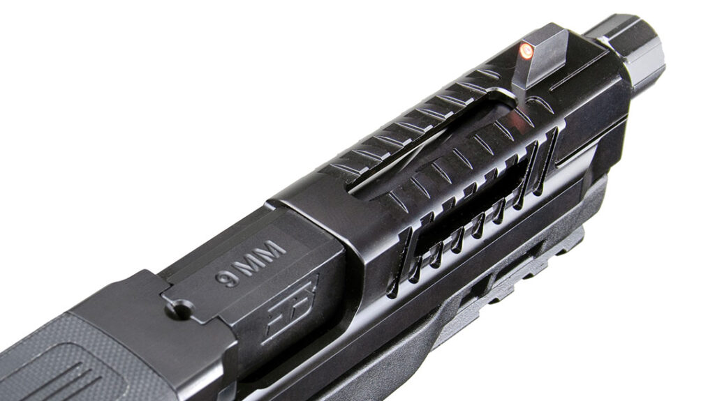 The front blade features an orange dot with a tritium insert, while the rear sight is plain black.