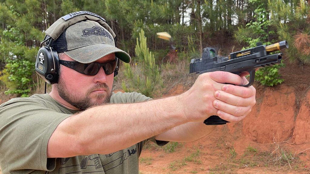 The Ed Brown Fueled MP-F4 fits the hand better than most polymer-framed pistols.