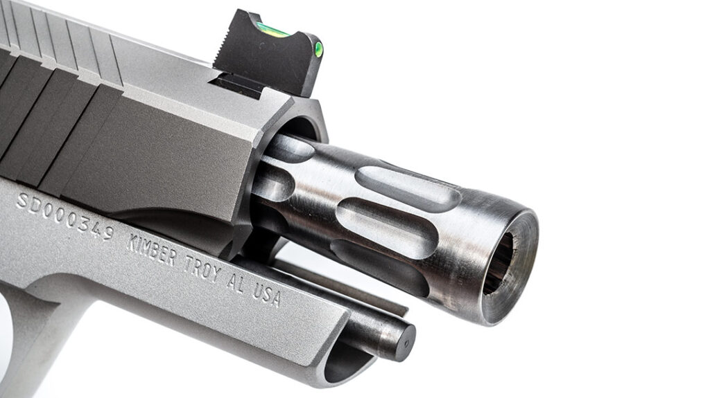 Kimber uses a stainless-steel barrel on the KDS9c and cuts oblong flutes along the barrel’s tube and chamber hood.