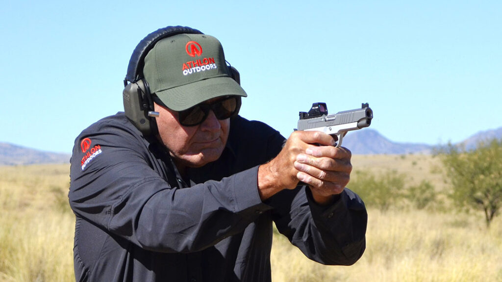 The author running doubletap drills with the Kimber KDS9c.