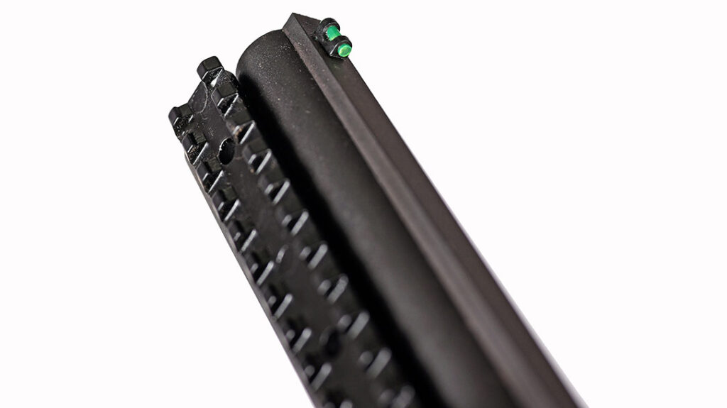 At the front of the Stoeger Double Defense, you’ll find a green fiber-optic sight that picks up light really well.