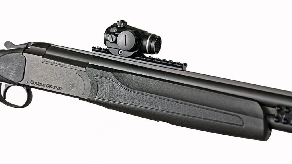 The Stoeger Double Defense has a Picatinny rail on both sides of the barrels and on top of the action, where the author mounted a Hawk Vantage red-dot for improved accuracy.