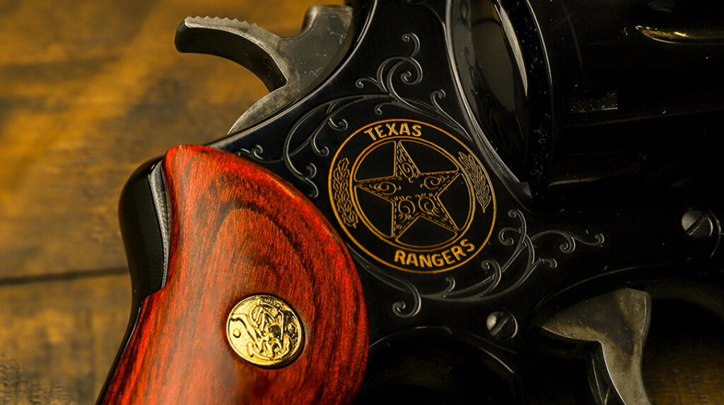 Laser engraving highlights the Texas Rangers on the frame. 