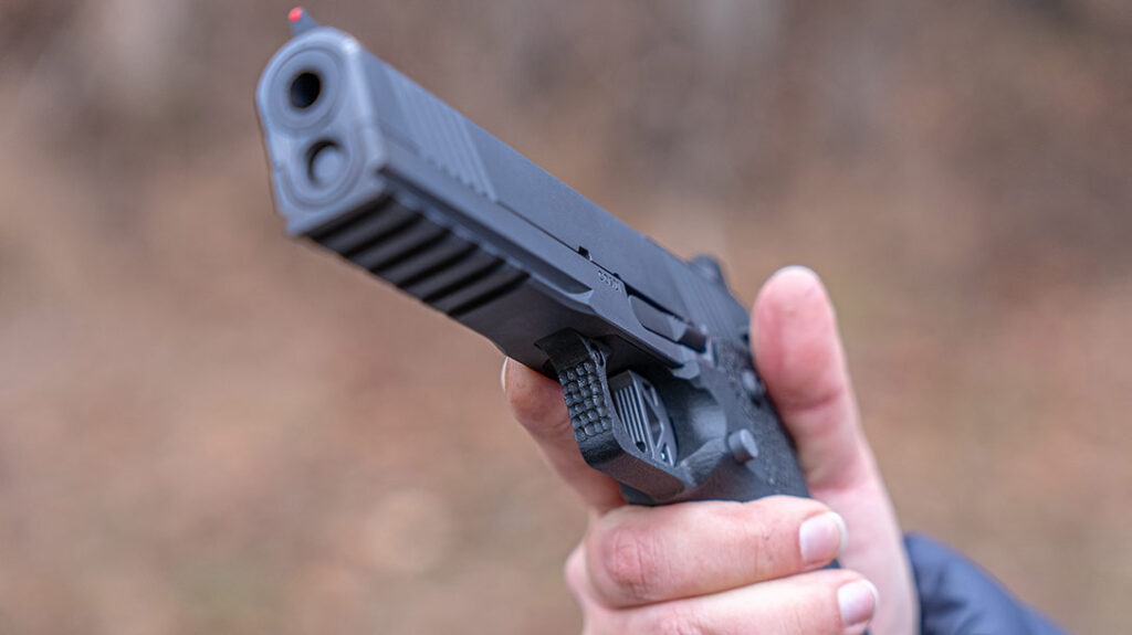The full grip is texturized with custom stippling, including the front of the trigger guard.