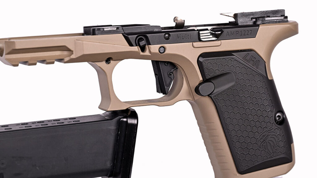 The all-metal frame has the grip angle of a 1911 but is the size of a Glock 19. You also get removable aluminum grip panels so you can customize the frame for your needs.