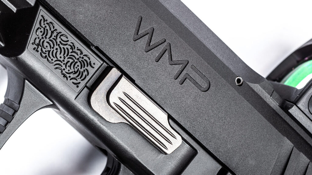 The disassembly lever is the rimfire pistol’s only non-ambidextrous control.