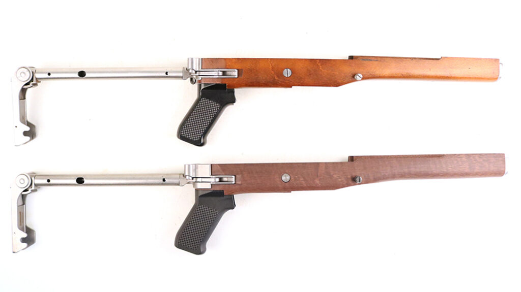 Here we have a new-made Samson Mini-14 folding stock underneath a vintage original.