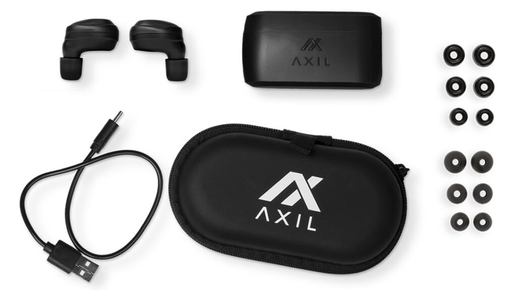The Axil XCOR includes a hardside soft-shell case that holds the charging case, extra ear tips, charging cable, and instructions.