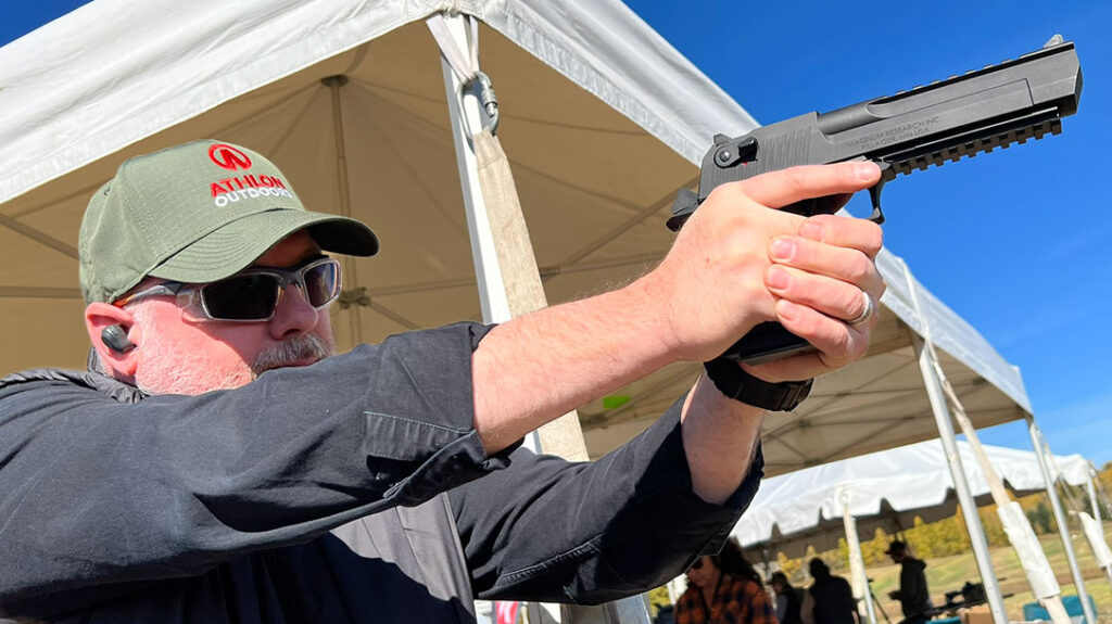 The author wearing the Axil XCOR while shooting a .50 AE Desert Eagle.