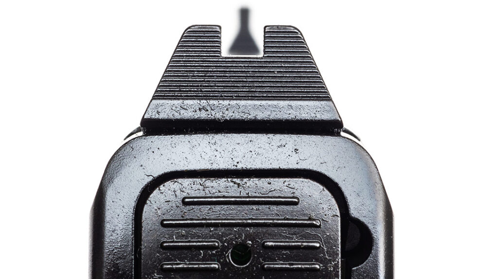 The suppressor-height sights will co-witness with an optic and are blacked out and serrated so as not to compete with the red dot.