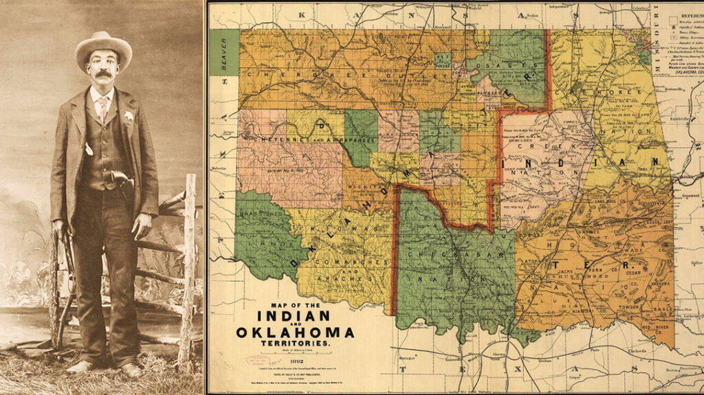 An old-time studio photo of Bass Reeves next to a map of the Indian/Oklahoma Territories from 1892.