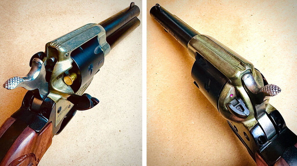 The hammer is placed on half-cock and the loading gate opened to expose the back of the cylinder and chamber (left); an unusual feature for a SA revolver is this safety lever built into the left recoil shield (right).