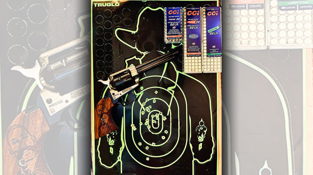 You can see the results of the author’s shoot-out with the bad guy, all 30 shots in the scoring zone, using all three varieties of the CCI .22 LR ammunition.