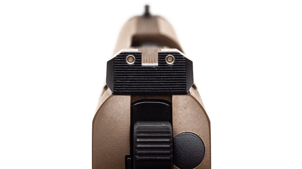 Up top, the newly updated Springfield TRP Carry Contour features a set of tactical, serrated sights.