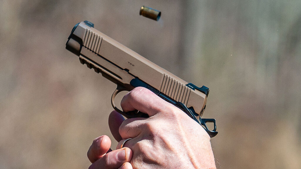 The pistol offers a secure grip during courses of fire.
