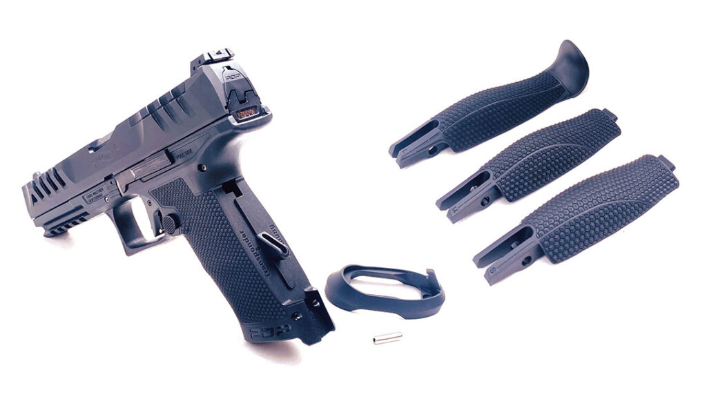 The depth of the grip frame can be customized with small, medium, and large inserts included with all PDP pistols.