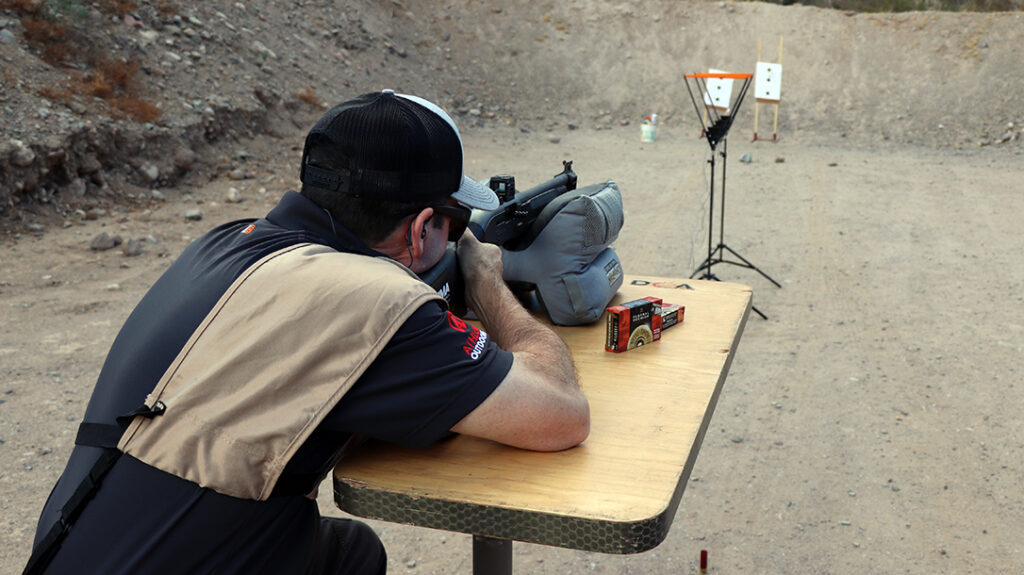 Shooting shotguns through a chronograph for performance data. 