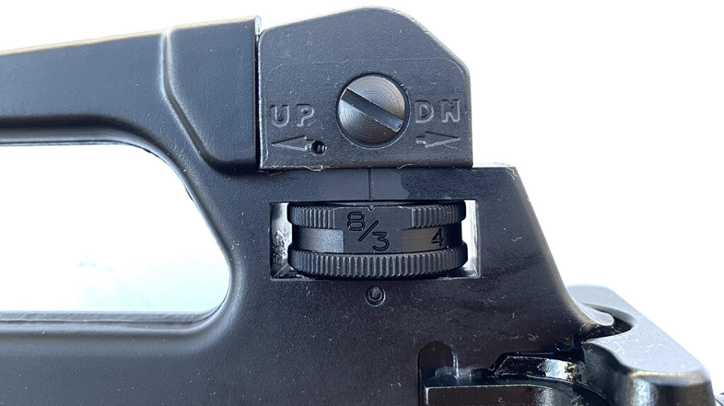 Classic A2-style rear sight aperture.