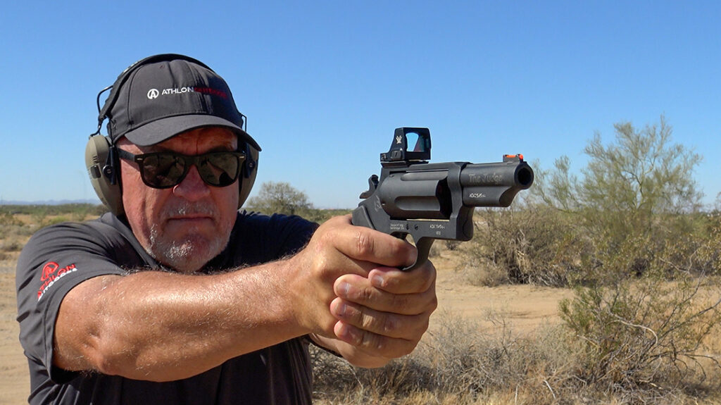 The double-action Taurus Judge revolver. 