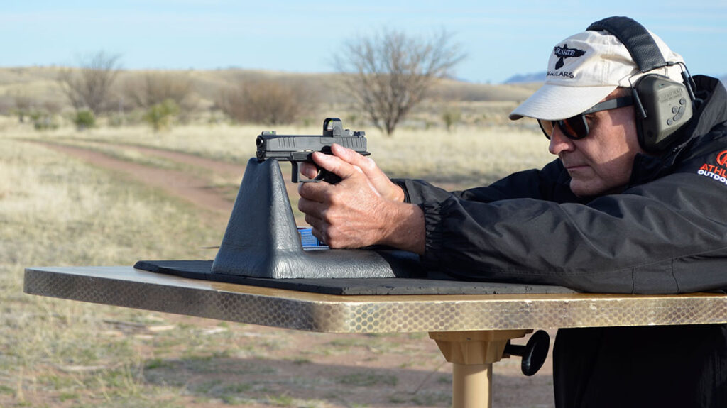 The author shooting the ZRO Delta FKS-9 from a bench rest.