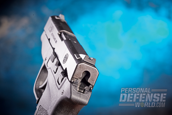 The notch rear sight features serrations on its rear face to enhance the sight picture in direct sunlight.